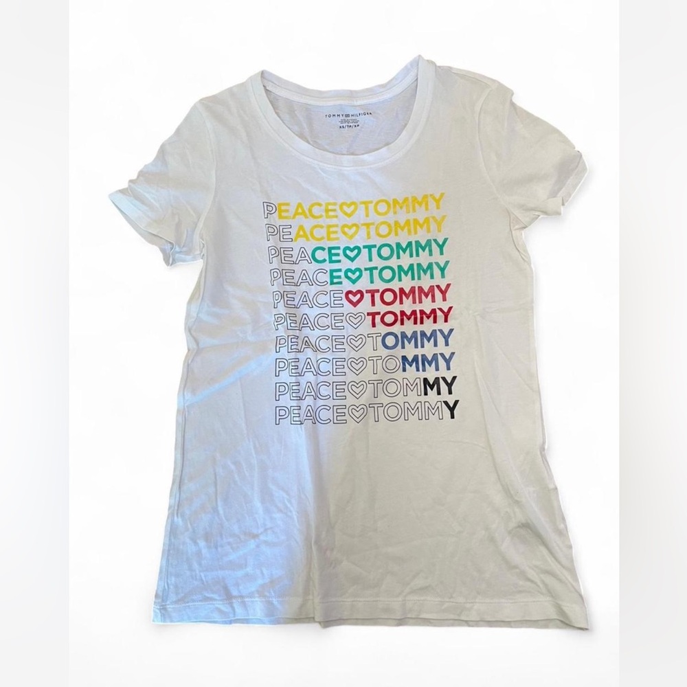 Tommy Hilfiger size XS white cotton t-shirt multi-coloured graphic print